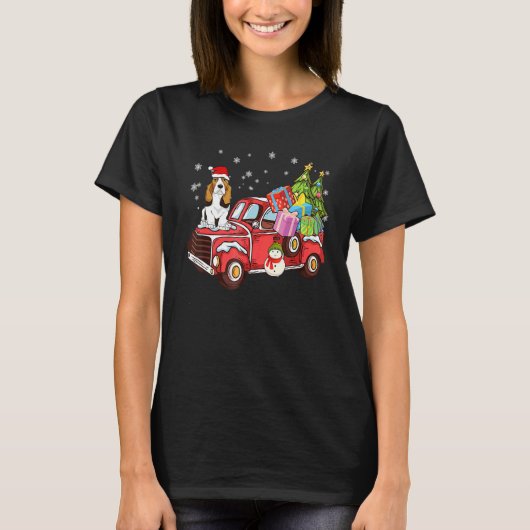 Basset Hound Riding Red Truck Merry Christmas Dog Tシャツ (正面)