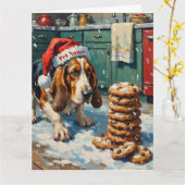 Basset Hound Sniffing Christmas Cookie Trail Hat カード (黄色い花)