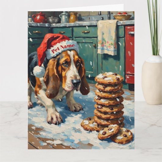 Basset Hound Sniffing Christmas Cookie Trail Hat カード (正面)