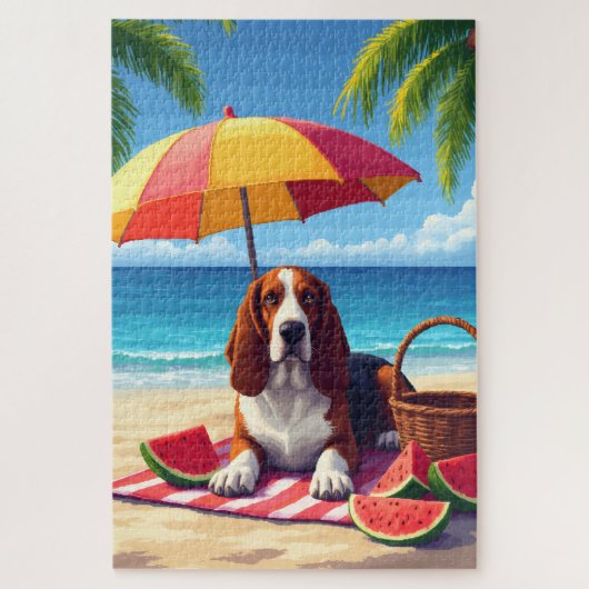 Basset Hound Summer Beach Scene ジグソーパズル (縦)