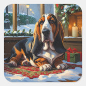 Basset Hound With Christmas Lights Holiday スクエアシール (正面)
