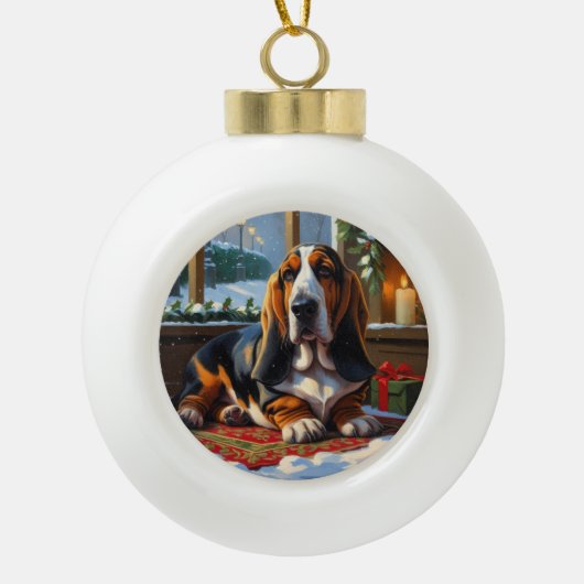 Basset Hound With Christmas Lights Holiday  セラミックボールオーナメント (正面)