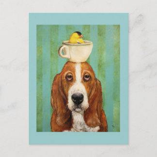 Basset hound with goldfinch in teacupはがき ポストカード
