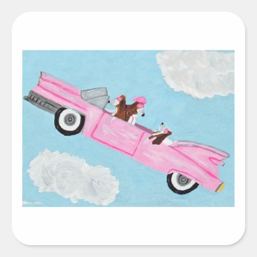 Basset Hounds in pink convertible Sticker スクエアシール (正面)