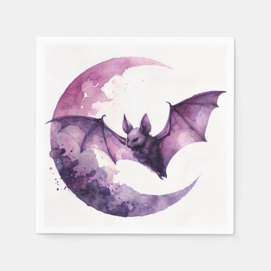 Bat and Crescent Moon Purple Watercolor Art スタンダードカクテルナプキン (正面)