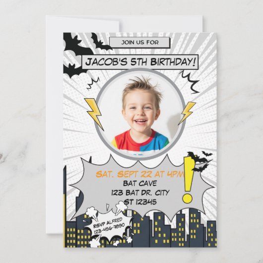 Bat Black and Gray Comic Birthday 招待状 (正面)