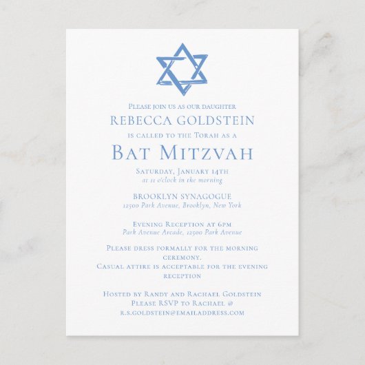 Bat Mitzvah Artistic Blue Star of David Party ポストカード (正面)