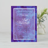 Bat Mitzvah Blue Purple Watercolor Flowers 箔招待状 (立ち正面)