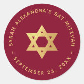 Bat Mitzvah Girl Faux Gold Star of David Burgundy  ラウンドシール (正面)
