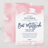 BAT MITZVAH modern hand lettered pink watercolor 招待状 (正面/裏面)