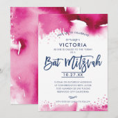 BAT MITZVAH modern lettered dark pink watercolor 招待状 (正面/裏面)