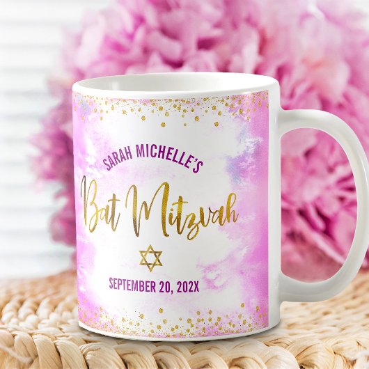 Bat Mitzvah Pink Watercolor Gold Script Confetti コーヒーマグカップ