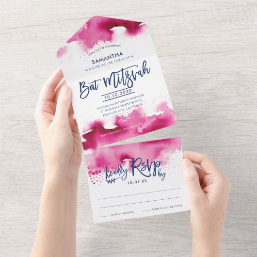 BAT MITZVAH pretty hand lettered pink watercolor オールインワン招待状 (貼ってはがせる)