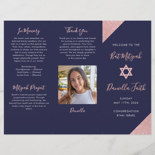 Bat Mitzvah Tri-Fold Program Navy Rose Gold  チラシ (正面)