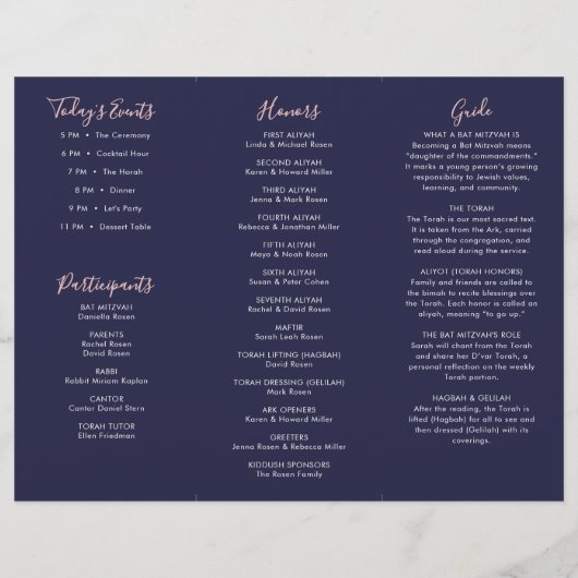 Bat Mitzvah Tri-Fold Program Navy Rose Gold  チラシ (裏面)