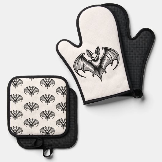Bat Patterned Oven Mitt and Pot Holder set 鍋つかみ&鍋敷きセット (正面/裏面)