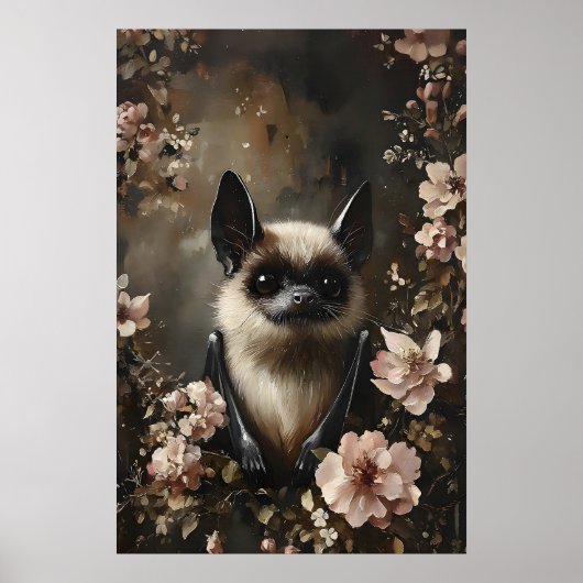 Bat With Flowers Print, Woodland Bat Wall Print ポスター (正面)