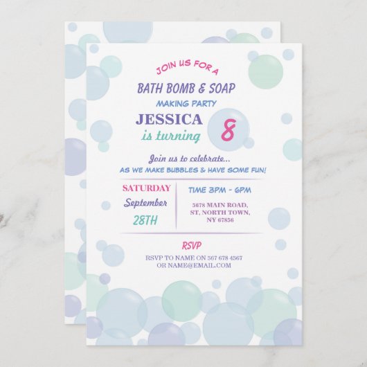 Bathの爆弾の石鹸作成泡誕生会の招待 招待状 (正面/裏面)