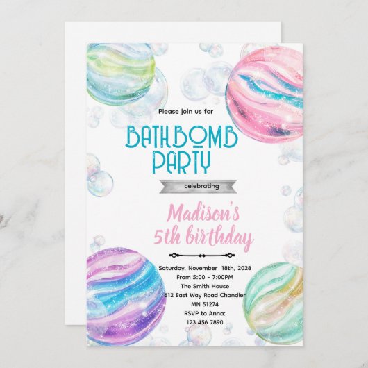 Bath bomb birthday party invitation 招待状 (正面/裏面)