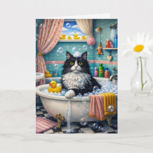 Bath Time , Cat Greeting Card カード (小さな植物)