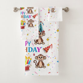 Bath Towel Sets, Happy Birthday Monkey Cupcake バスタオルセット