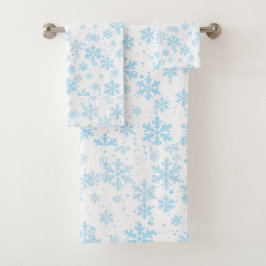 Bath Towels Blue Snowflakes Falling On White バスタオルセット