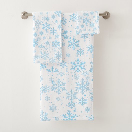 Bath Towels Blue Snowflakes Falling On White バスタオルセット (インサイチュ)