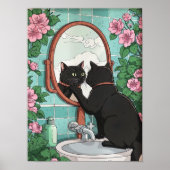 Bathroom Black Cat in Mirror Print, Funny Japanese ポスター (正面)