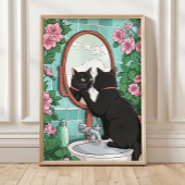 Bathroom Black Cat in Mirror Print, Funny Japanese ポスター