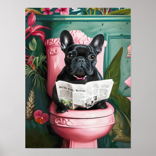 Bathroom Black French Bulldog Reading on Toilet Pr ポスター (正面)