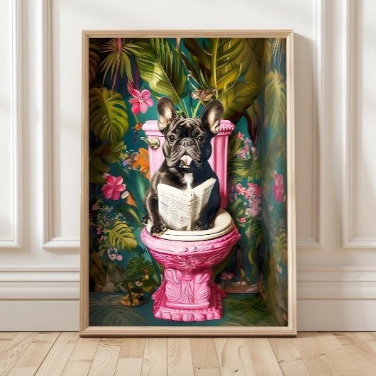 Bathroom Black French Bulldog Reading on Toilet Pr ポスター