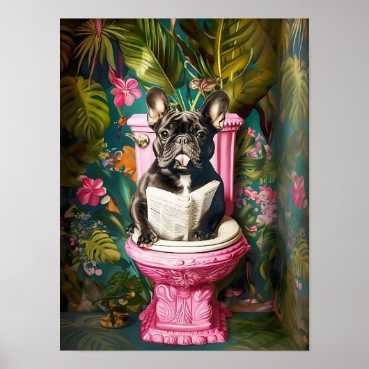 Bathroom Black French Bulldog Reading on Toilet Pr ポスター (正面)