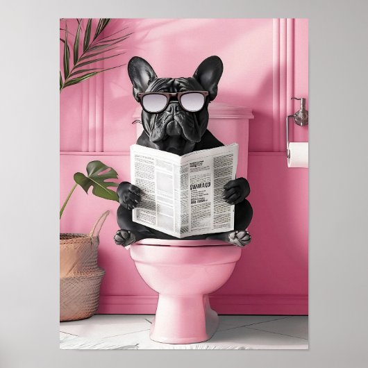 Bathroom Blue French Bulldog on Toilet Print, Funn ポスター (正面)