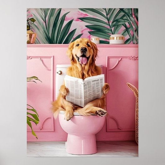 Bathroom Golden Retriever on Toilet Print, Dog on  ポスター (正面)