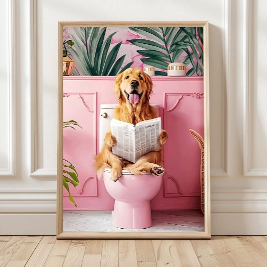 Bathroom Golden Retriever on Toilet Print, Dog on  ポスター