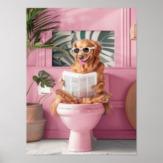 Bathroom Golden Retriever Reading on Toilet Print, ポスター