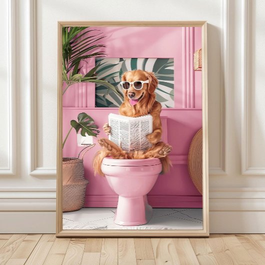 Bathroom Golden Retriever Reading on Toilet Print, ポスター