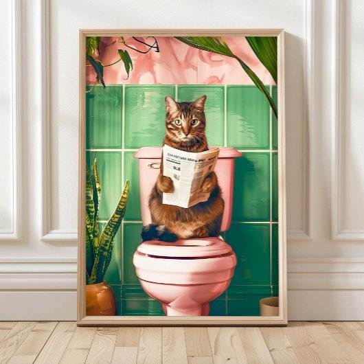 Bathroom Tabby Cat Art Print, Kitten Poster, Cute  ポスター