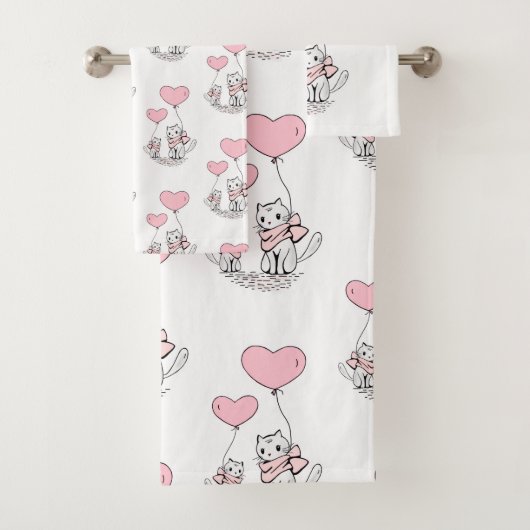 Bathroom Towel Sets Valentine's Day Cat Pink Heart バスタオルセット (インサイチュ)