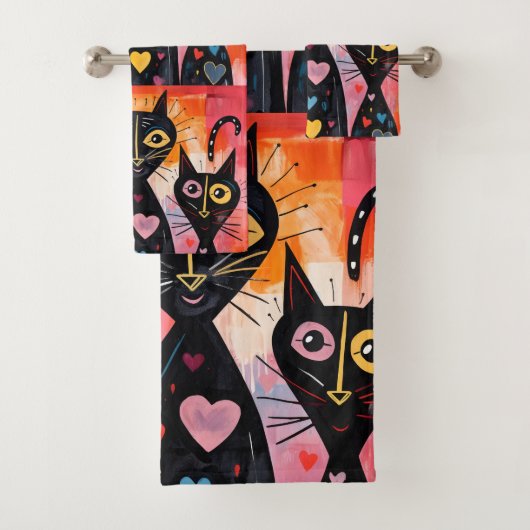 Bathroom Towel Sets Valentine's Day Cat Red Heart バスタオルセット (インサイチュ)