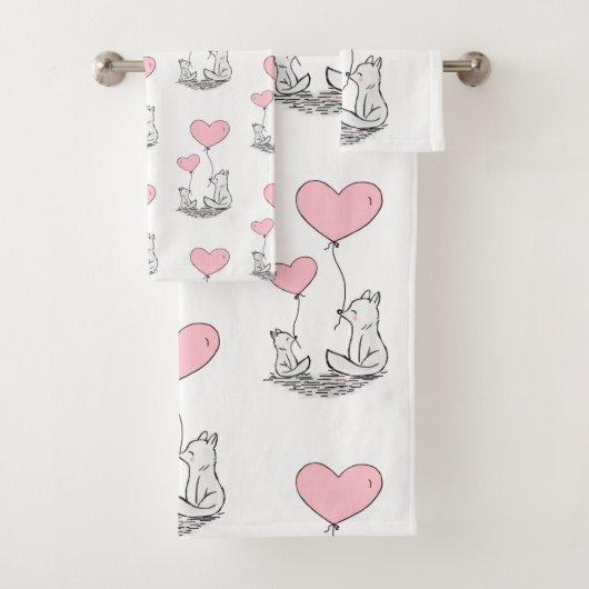 Bathroom Towel Sets Valentine's Foxy Pink Hearts バスタオルセット (インサイチュ)