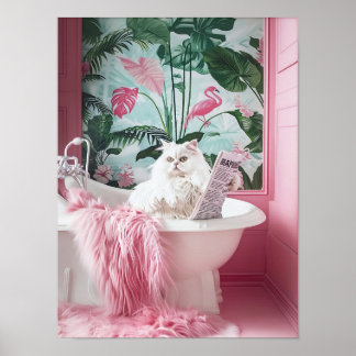 Bathroom White Cat in Bathtub Print, Funny Poster, ポスター