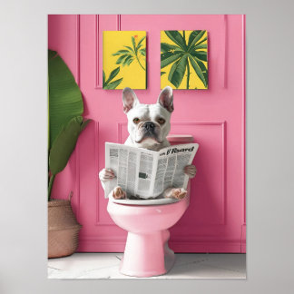Bathroom White French Bulldog Reading on Toilet Pr ポスター