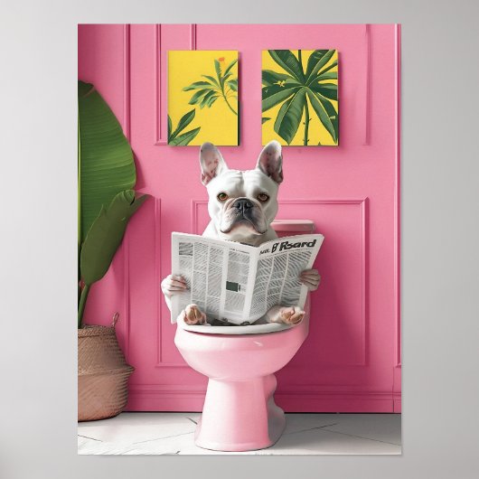 Bathroom White French Bulldog Reading on Toilet Pr ポスター (正面)