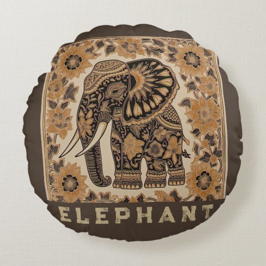 Batik Elephant Vintage Style Design, Retro  ラウンドクッション (正面)