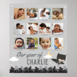 Batman First Birthday - 12 Month Photo Collage ポスター<br><div class="desc">Celebrate your child's first year with this custom Batman Birthday poster. Personalize by adding your child's name and 12 months of photos!</div>