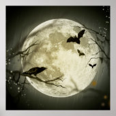 Bats fly Crow sits in Front of Halloween Full Moon ポスター (正面)