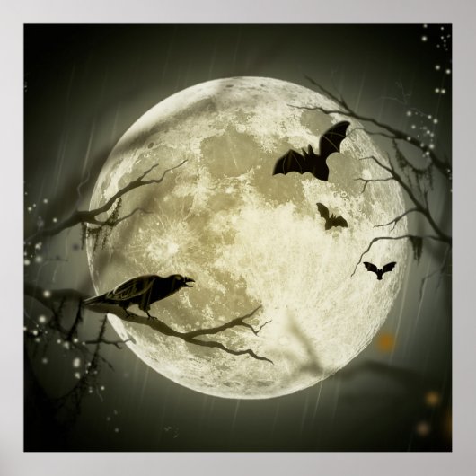 Bats fly Crow sits in Front of Halloween Full Moon ポスター (正面)