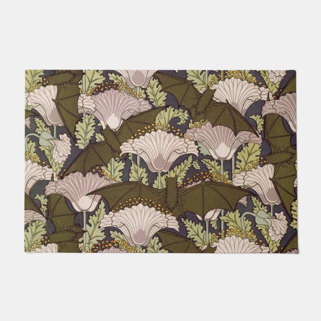 Bats & Poppies,Animal & Floral Design Art Nouveau ドアマット (正面)