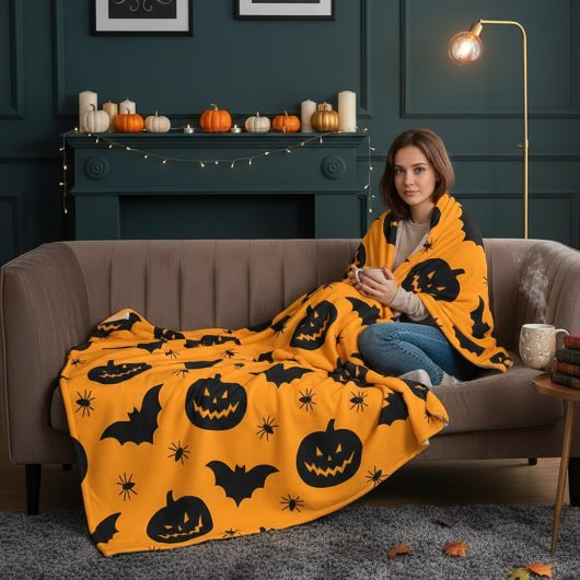 Bats, pumpkin heads and spiders Halloween Plush フリースブランケット